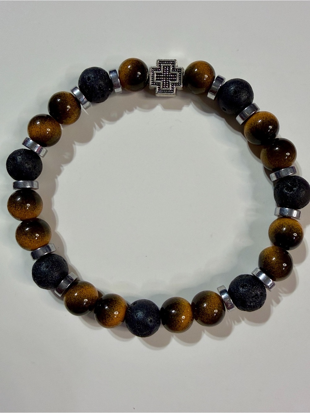 Men’s Beaded Stretch Bracelet with Brown Tiger Eye & Black Lava Beads